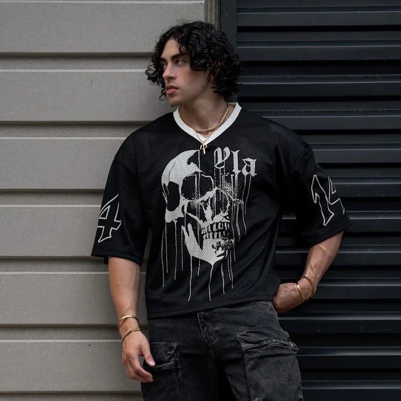 Summer New YA Trendy Brand Super Large T-Shirt Men Sports Fitness Quick Drying Breathable Large Mesh Printed Short Sleeve Top