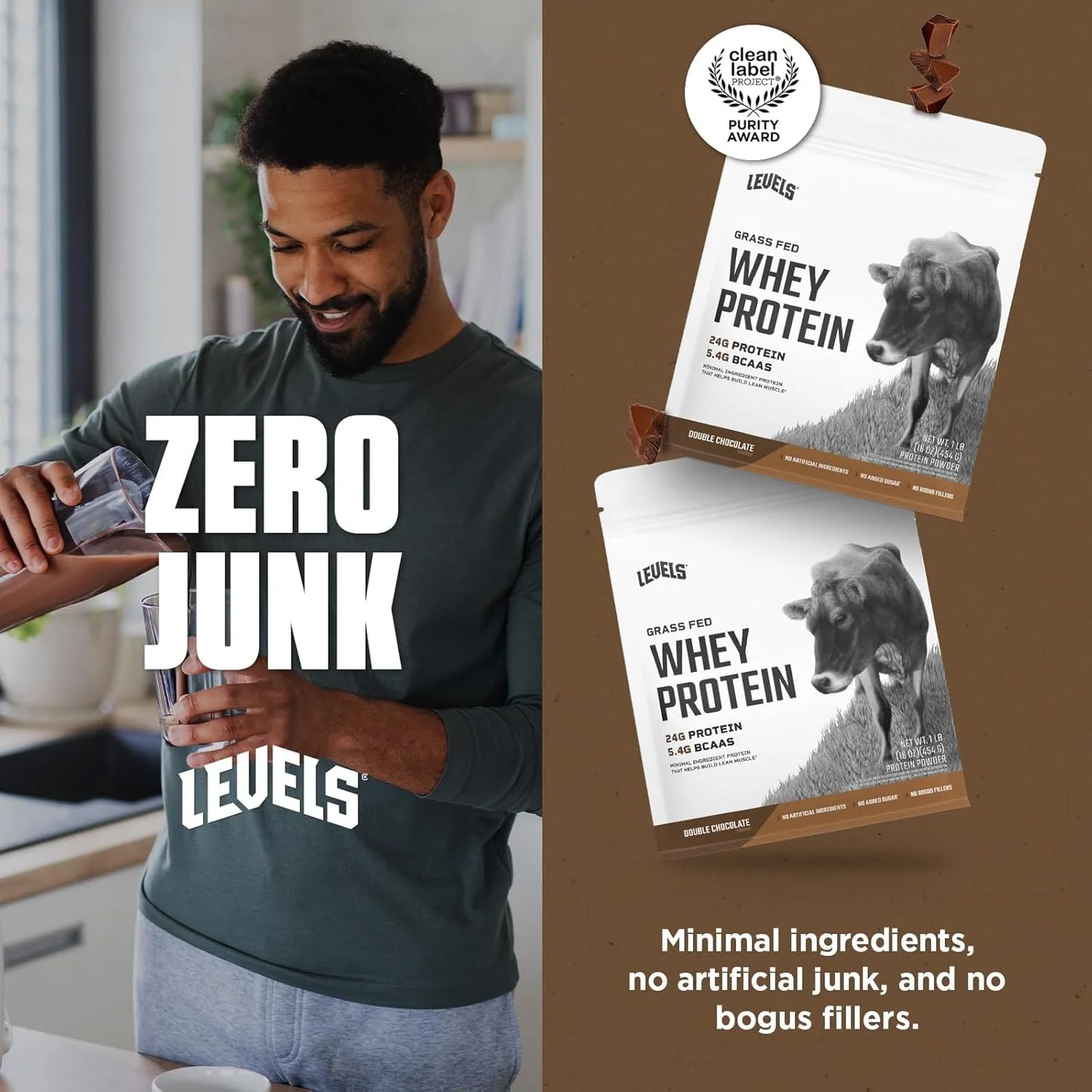 Grass Fed 100% Whey Protein Powder, No Hormones, Double Chocolate, 1LB