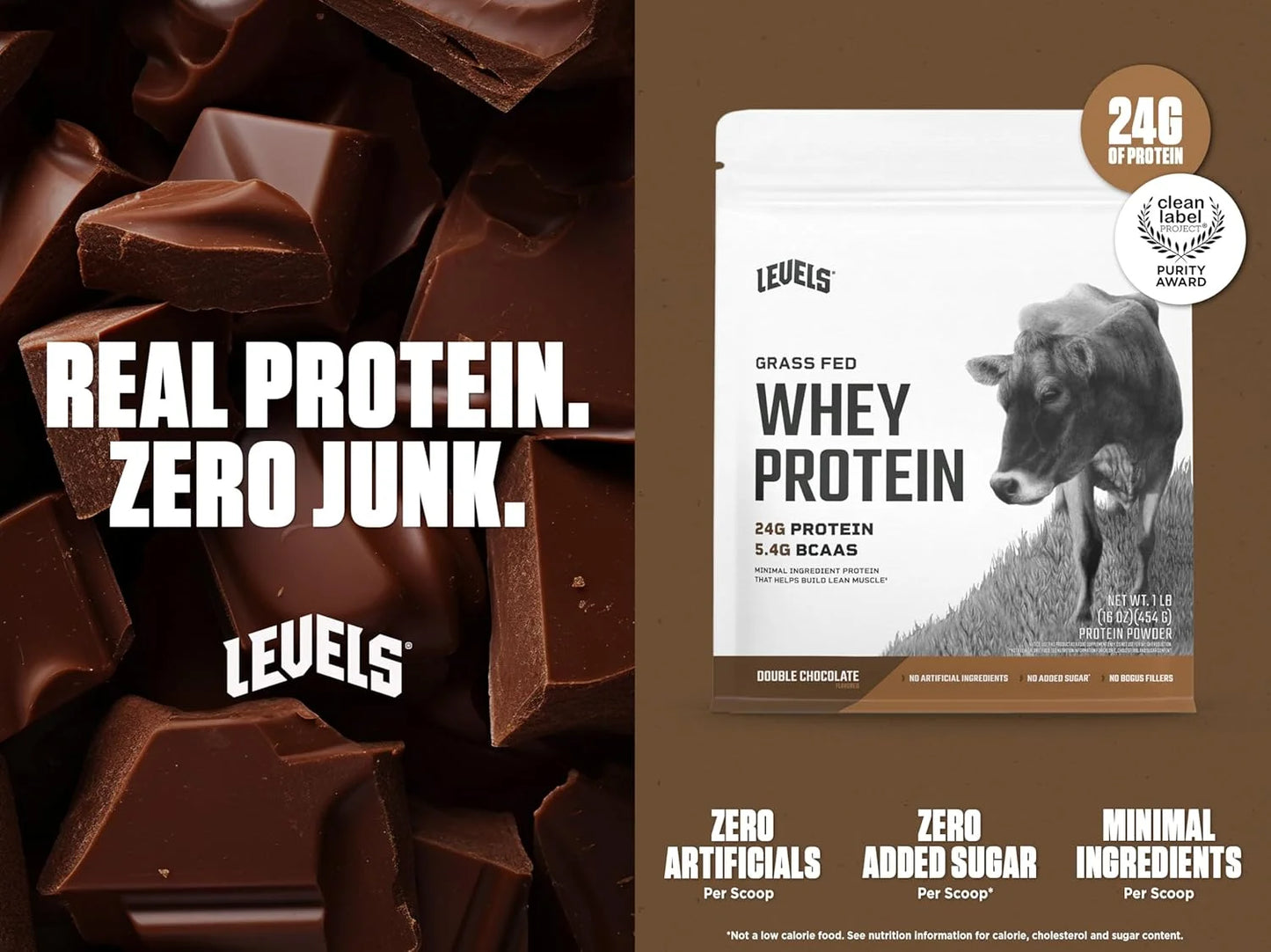 Grass Fed 100% Whey Protein Powder, No Hormones, Double Chocolate, 1LB