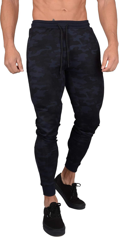 Slim Fit Gym Pants for Men | Joggers Tapered Sweatpants | Workout Track Athletic | Zipper Pocket 229 Camo Black M