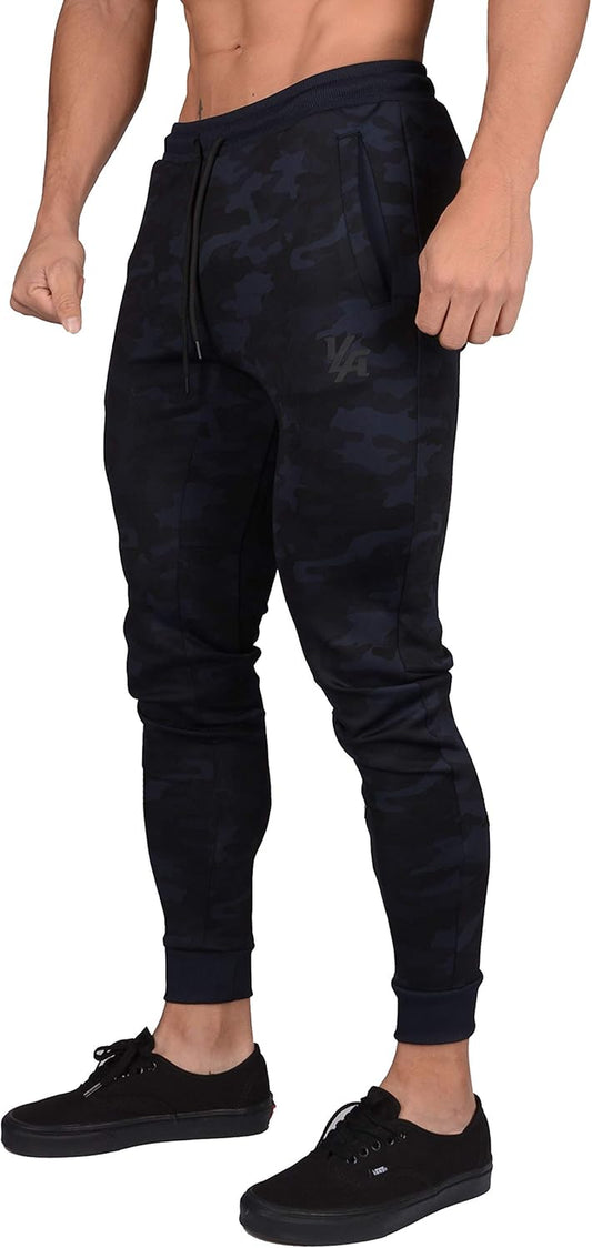 Slim Fit Gym Pants for Men | Joggers Tapered Sweatpants | Workout Track Athletic | Zipper Pocket 229 Camo Black M
