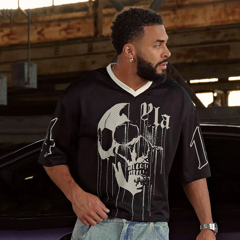 Summer New YA Trendy Brand Super Large T-Shirt Men Sports Fitness Quick Drying Breathable Large Mesh Printed Short Sleeve Top