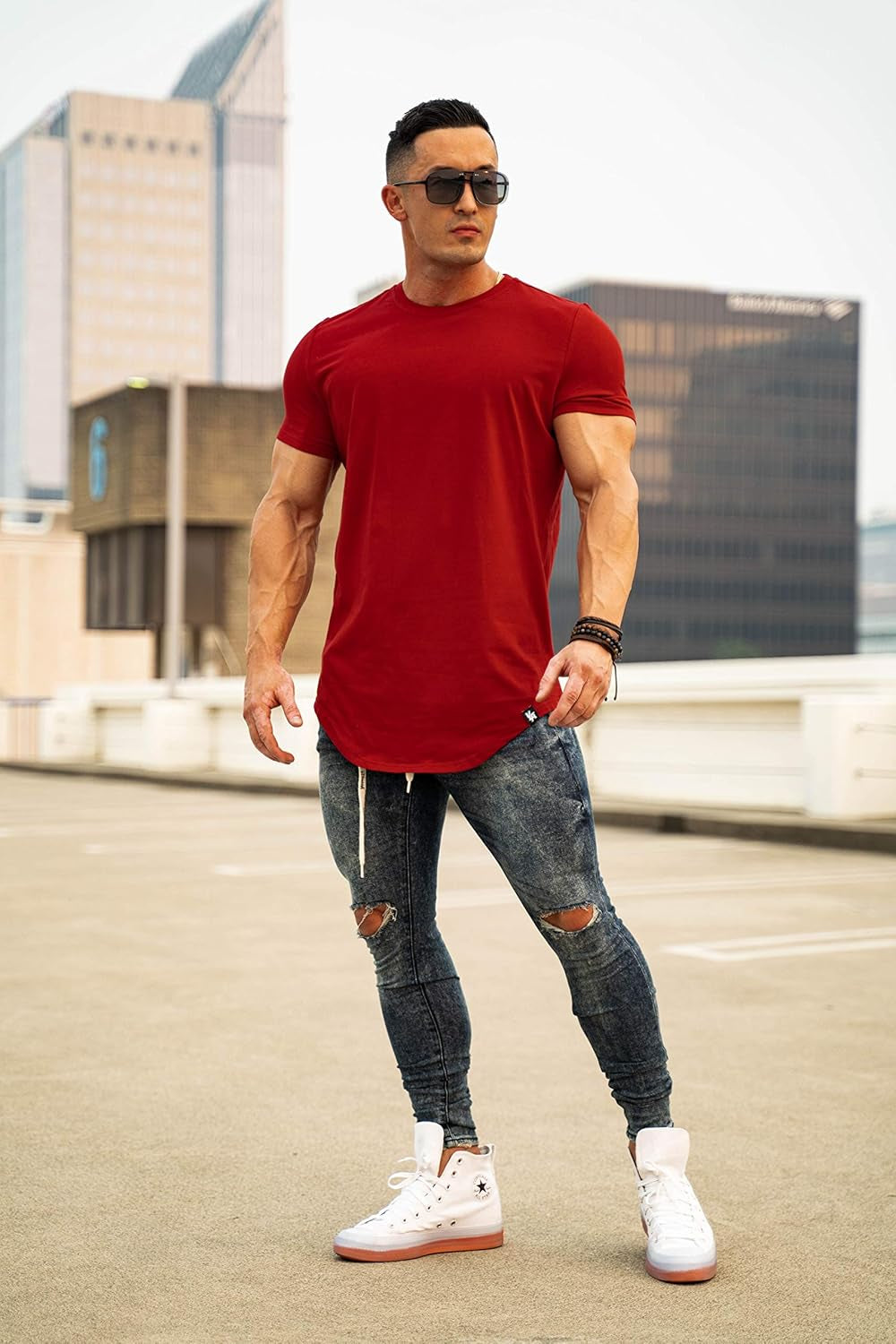 Mens Designer Fitted T-Shirts Long Drop Cut Tee Workout Gym 402