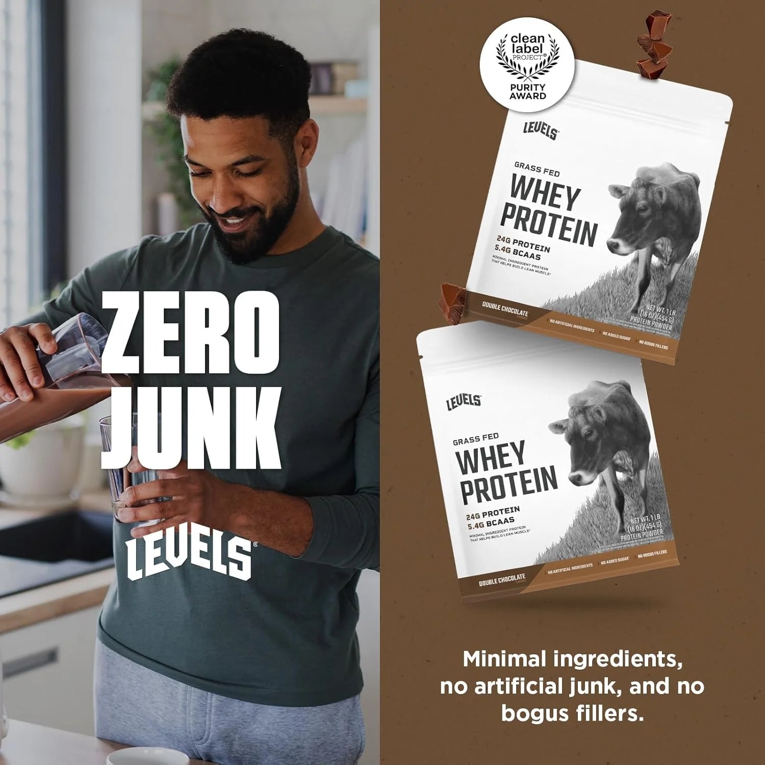 Grass Fed 100% Whey Protein Powder, No Hormones, Double Chocolate, 1LB