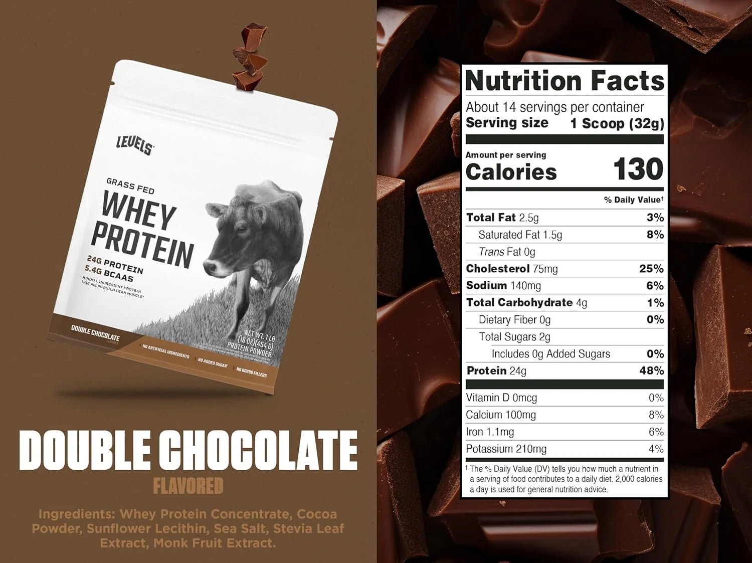 Grass Fed 100% Whey Protein Powder, No Hormones, Double Chocolate, 1LB